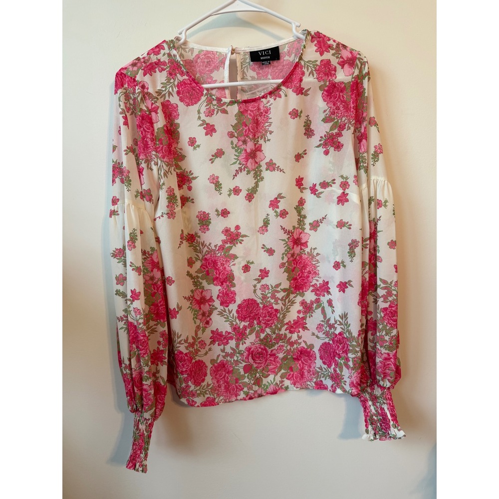 VICI Floral Puff Sleeve Blouse Pink Green White Smocked Cuff Top Medium